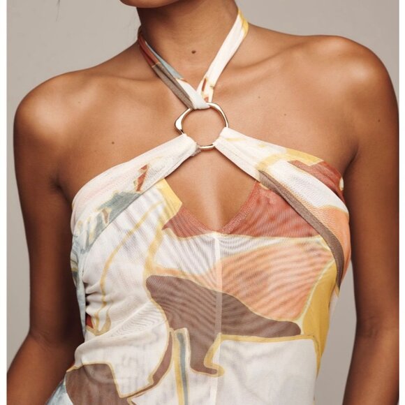 Anthropologie Sarah Hann Blythe Halter Mesh Midi Dress Size M Yellow Pattern - Picture 3 of 10